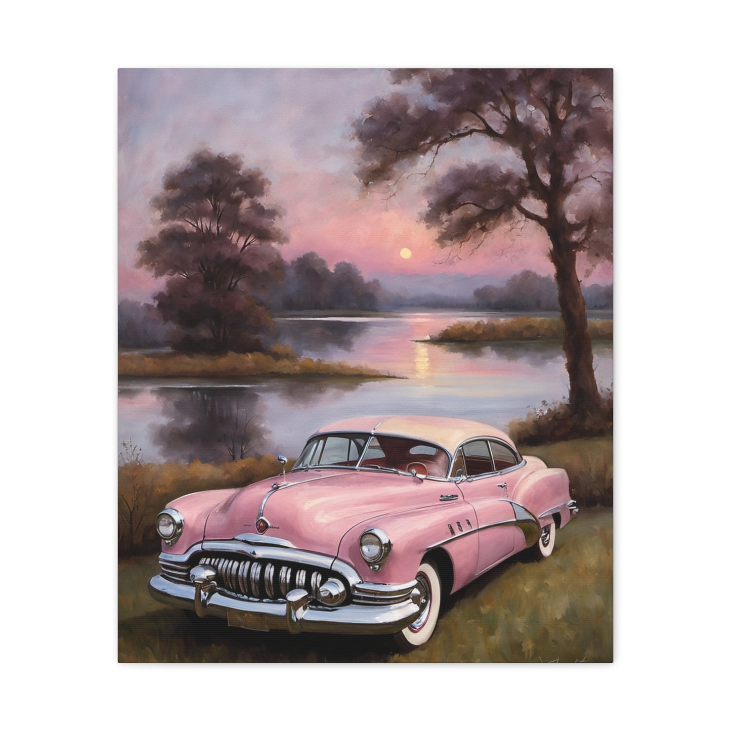 Vintage Car Canvas Art Prints featuring a pink retro car by a serene lakeside at sunset