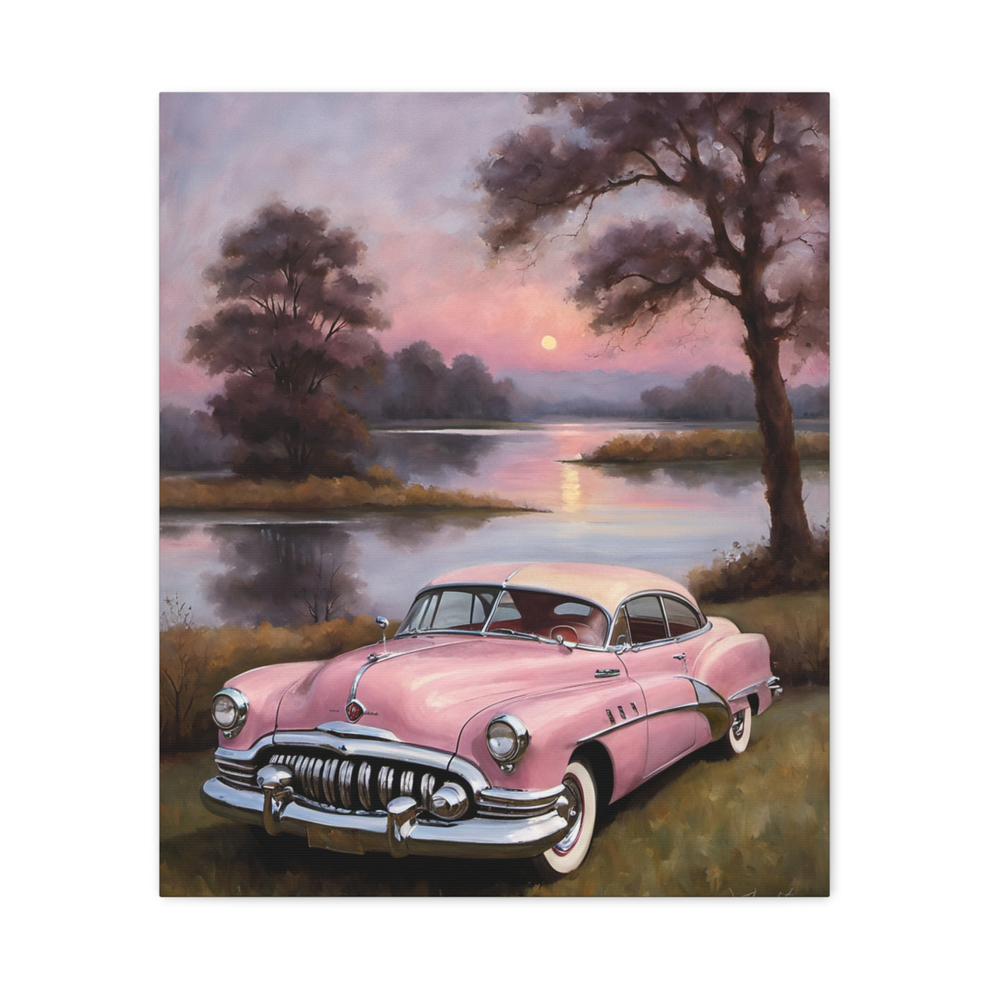 Vintage Car Canvas Art Prints featuring a pink retro car by a serene lakeside at sunset