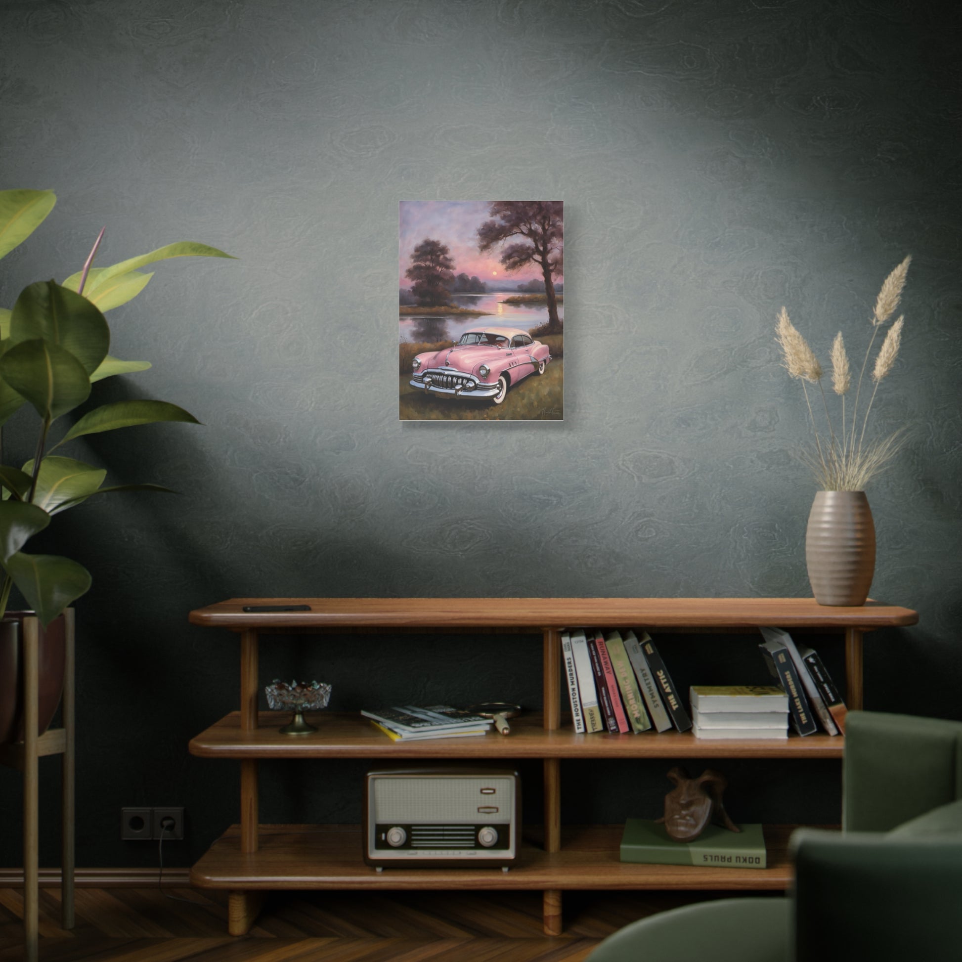Vintage Car Canvas Art Prints featuring a classic car by a serene lake setting in a cozy living room