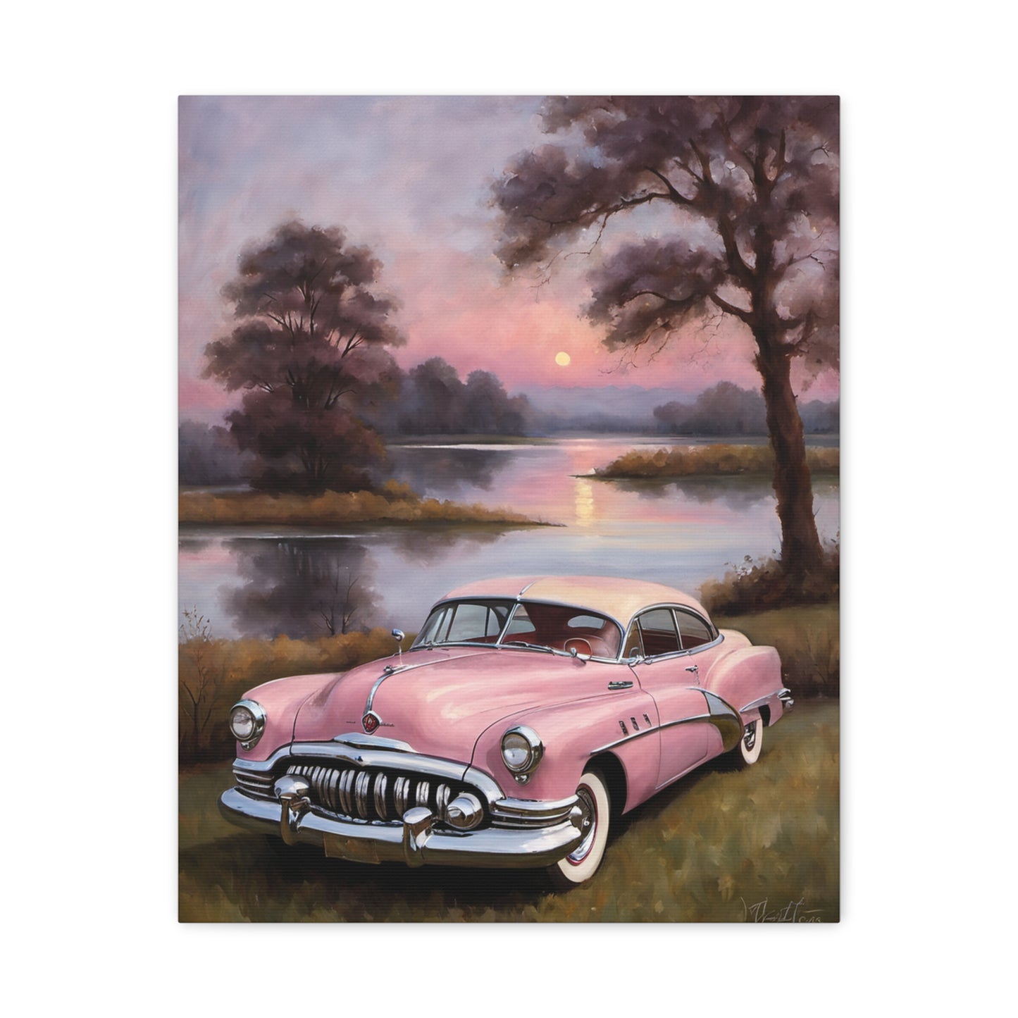 Vintage Car Canvas Art Prints featuring a nostalgic pink car by a serene lake at sunset