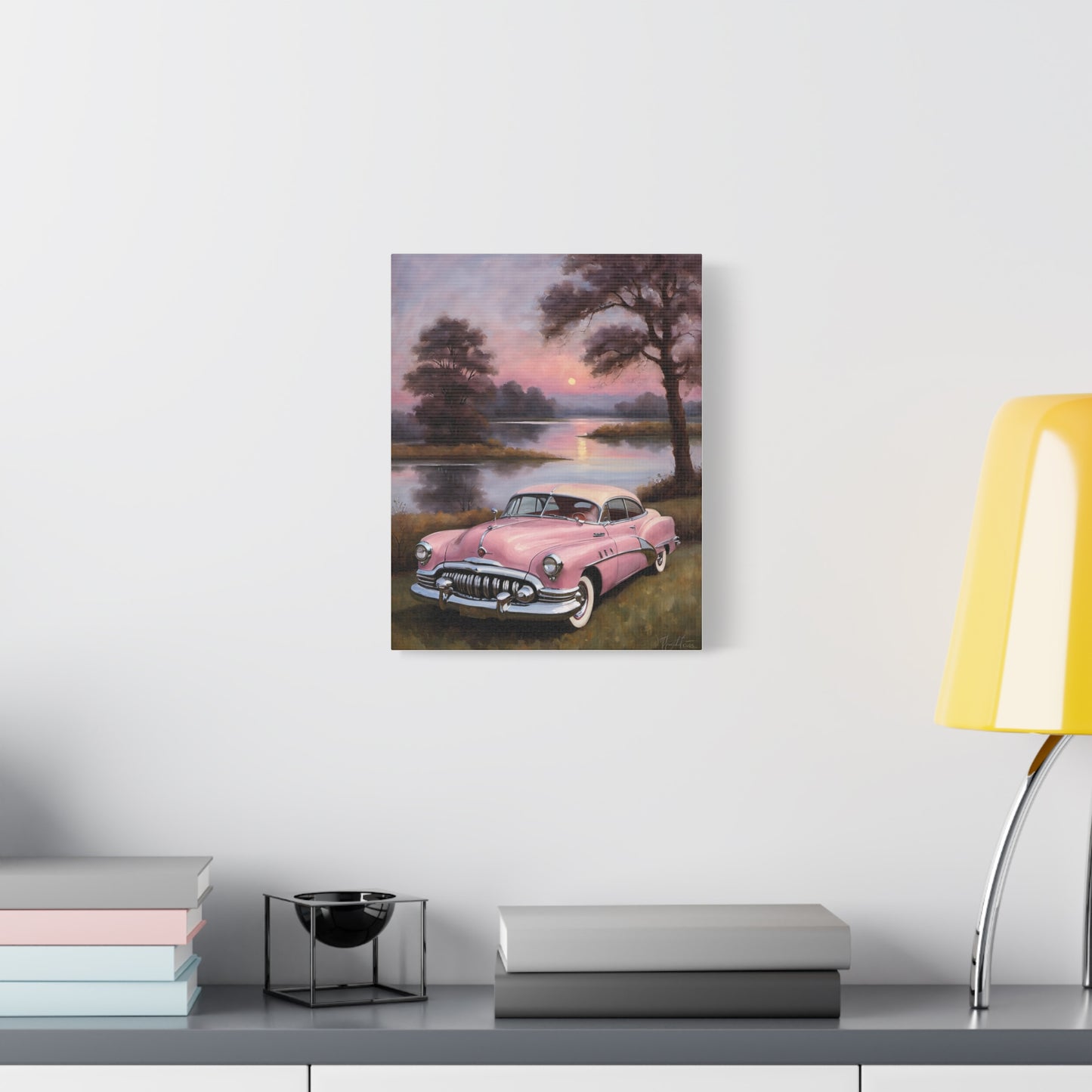 Vintage Car Canvas Art Prints featuring a pink classic car by a serene lake at sunset