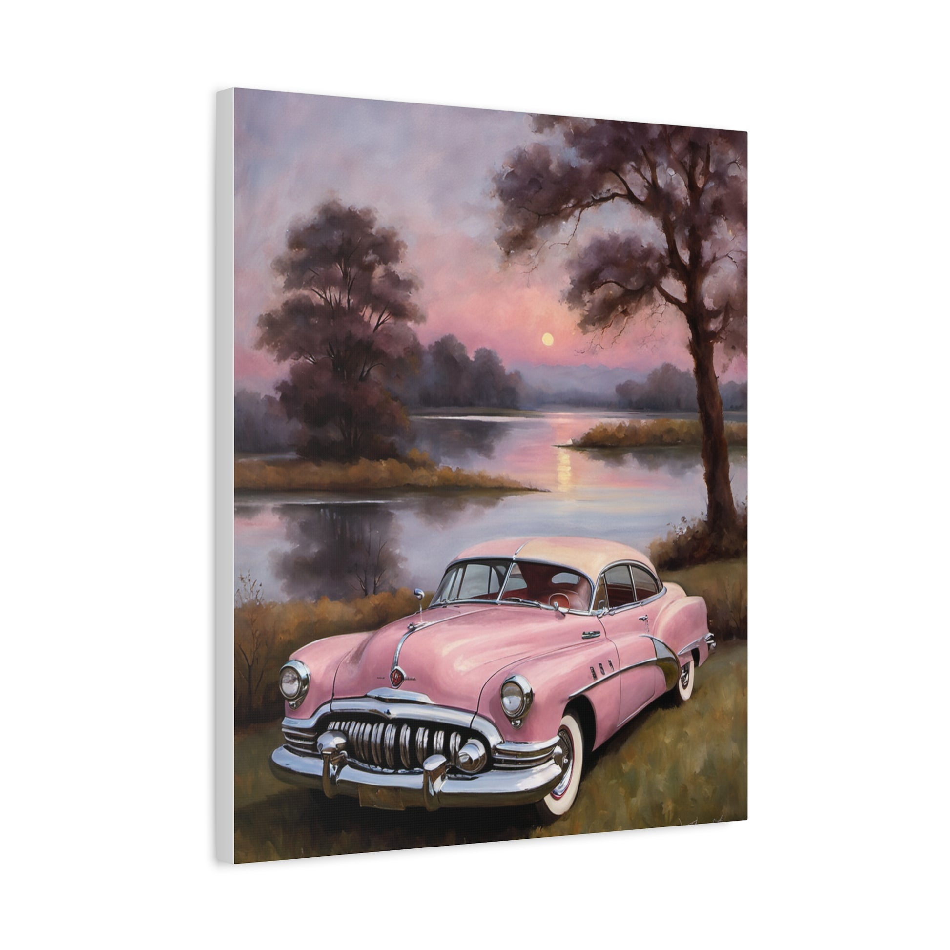 Vintage Car Canvas Art Prints featuring a classic pink car by a serene lakeside at sunset