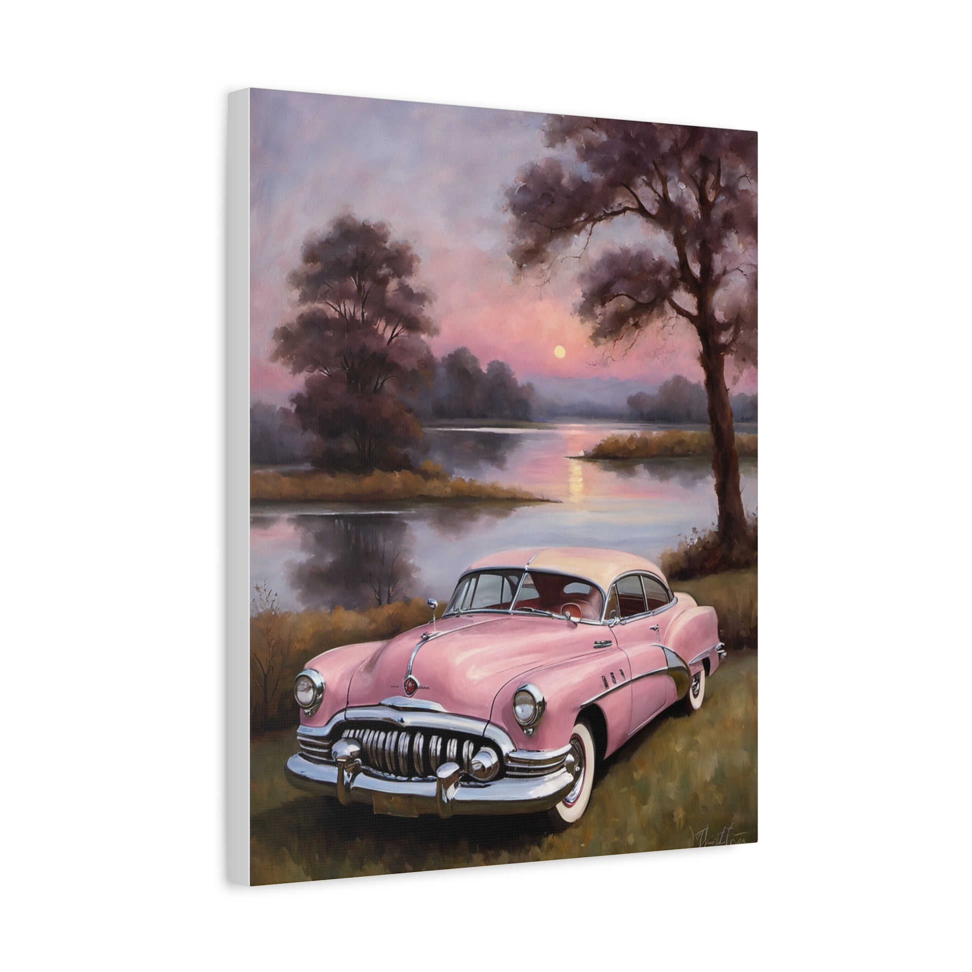 Vintage Car Canvas Art Prints featuring a pink classic car by a serene lakeside at sunset