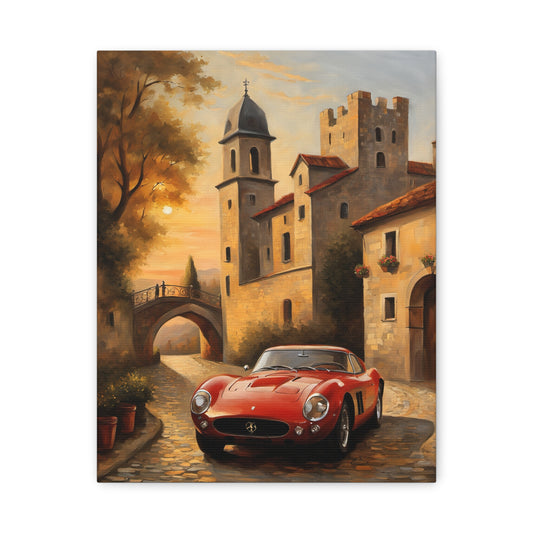 Vintage Car Canvas Art featuring a red classic car near an old stone village at sunset