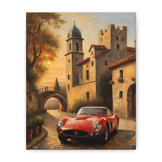 Vintage Car Canvas Art featuring a red sports car in a sunset cityscape with historic buildings