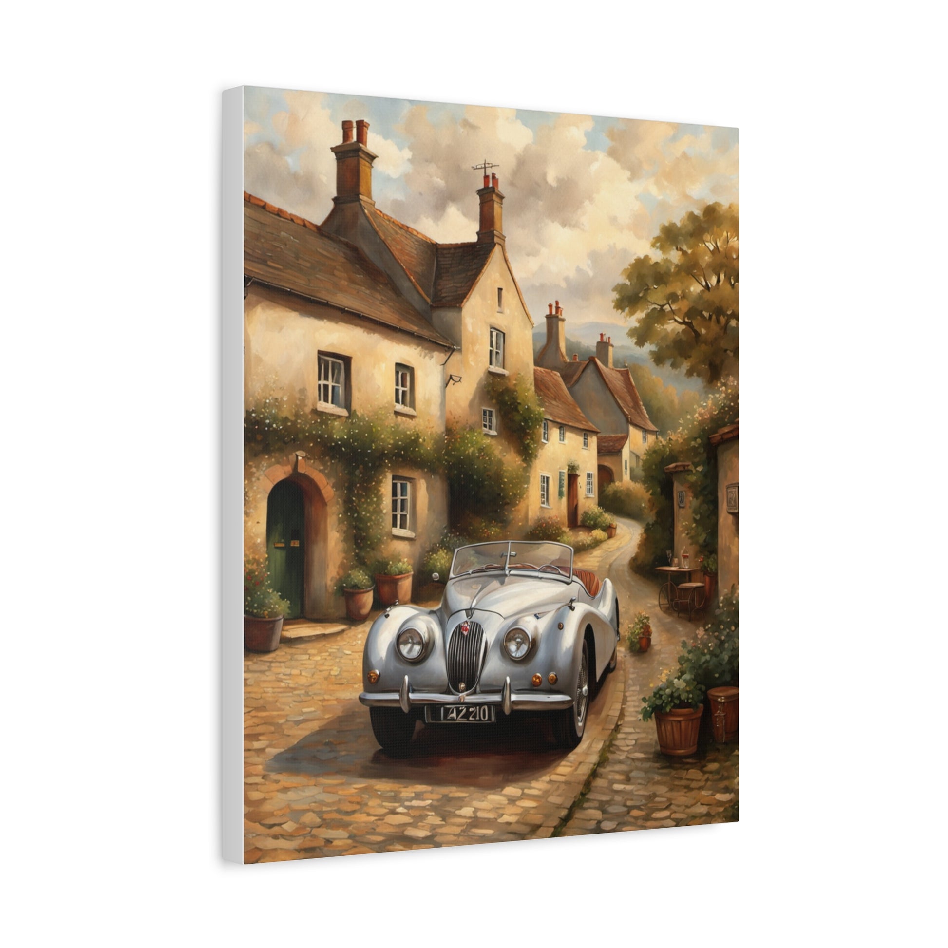 Vintage Car Canvas Art featuring a classic car in a charming village setting with cobblestone streets
