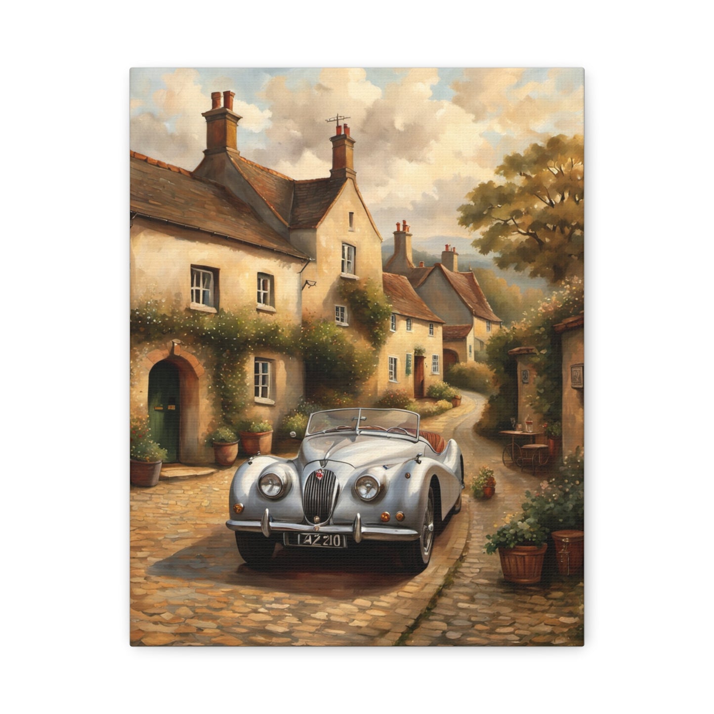 Vintage Car Canvas Art featuring a classic car in a picturesque village setting