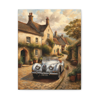 Vintage Car Canvas Art featuring a classic car in a picturesque village setting