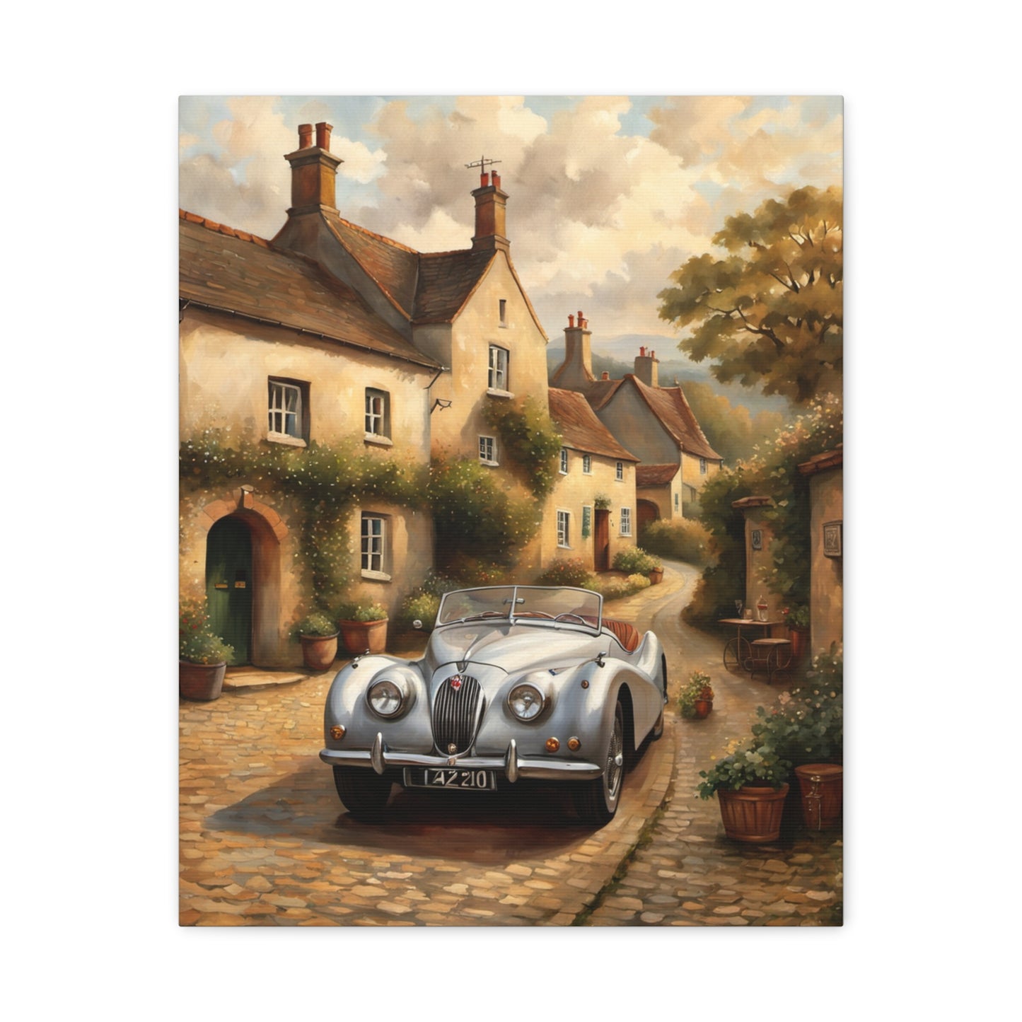 Vintage Car Canvas Art featuring a classic silver car in a charming village setting