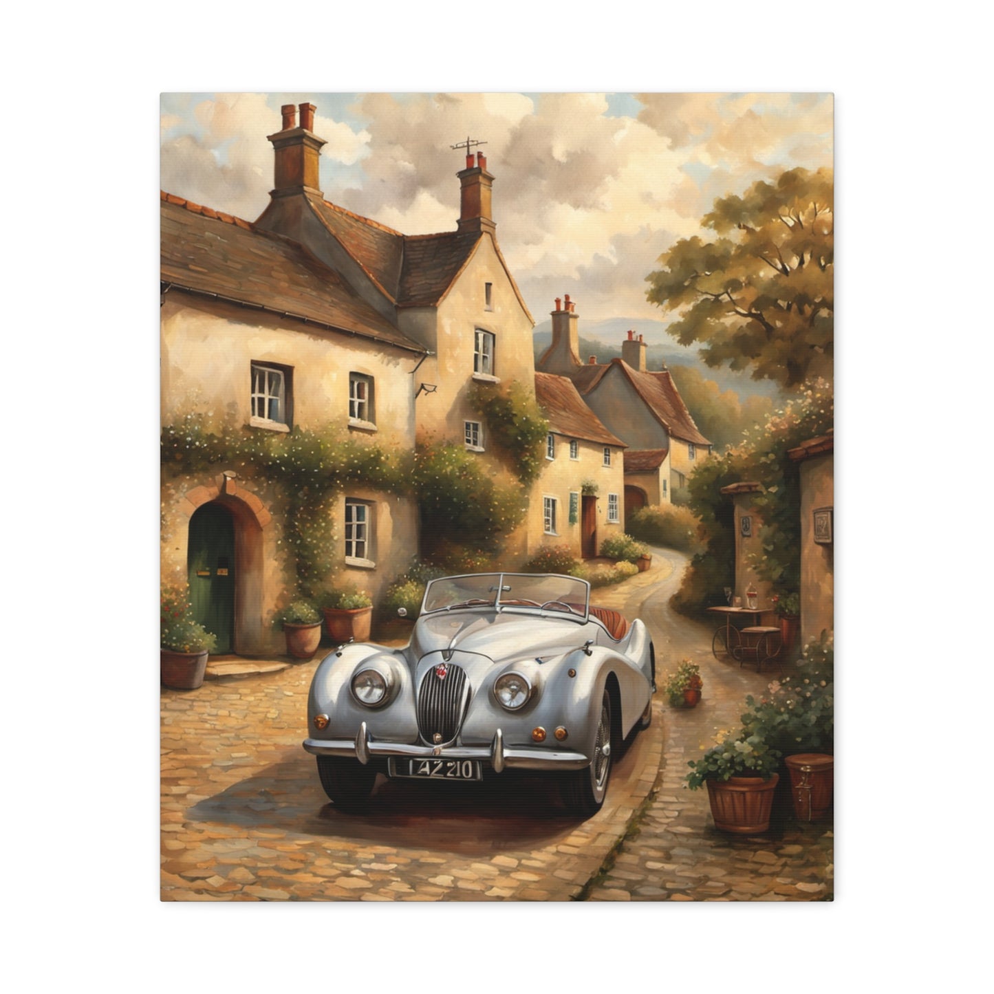 Vintage Car Canvas Art featuring a classic silver car on a charming cobblestone street