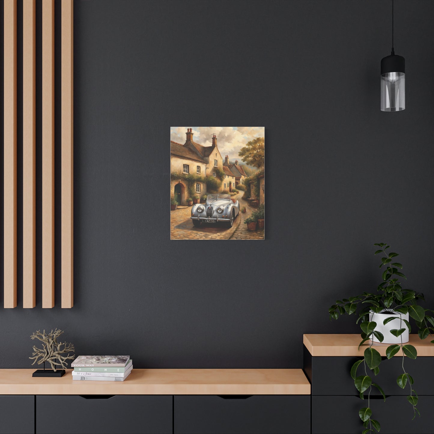 Vintage Car Canvas Art depicting a classic car in an idyllic street setting for home decor