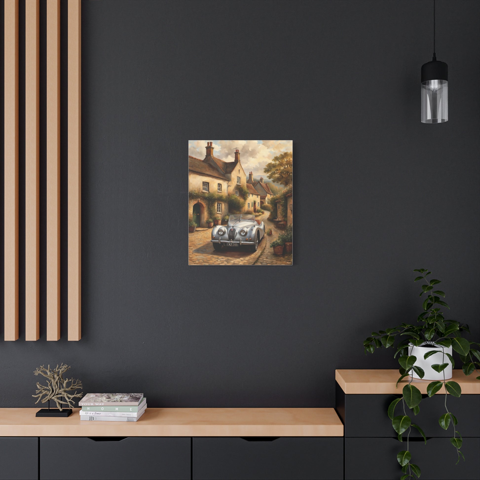 Vintage Car Canvas Art depicting a classic car in an idyllic street setting for home decor