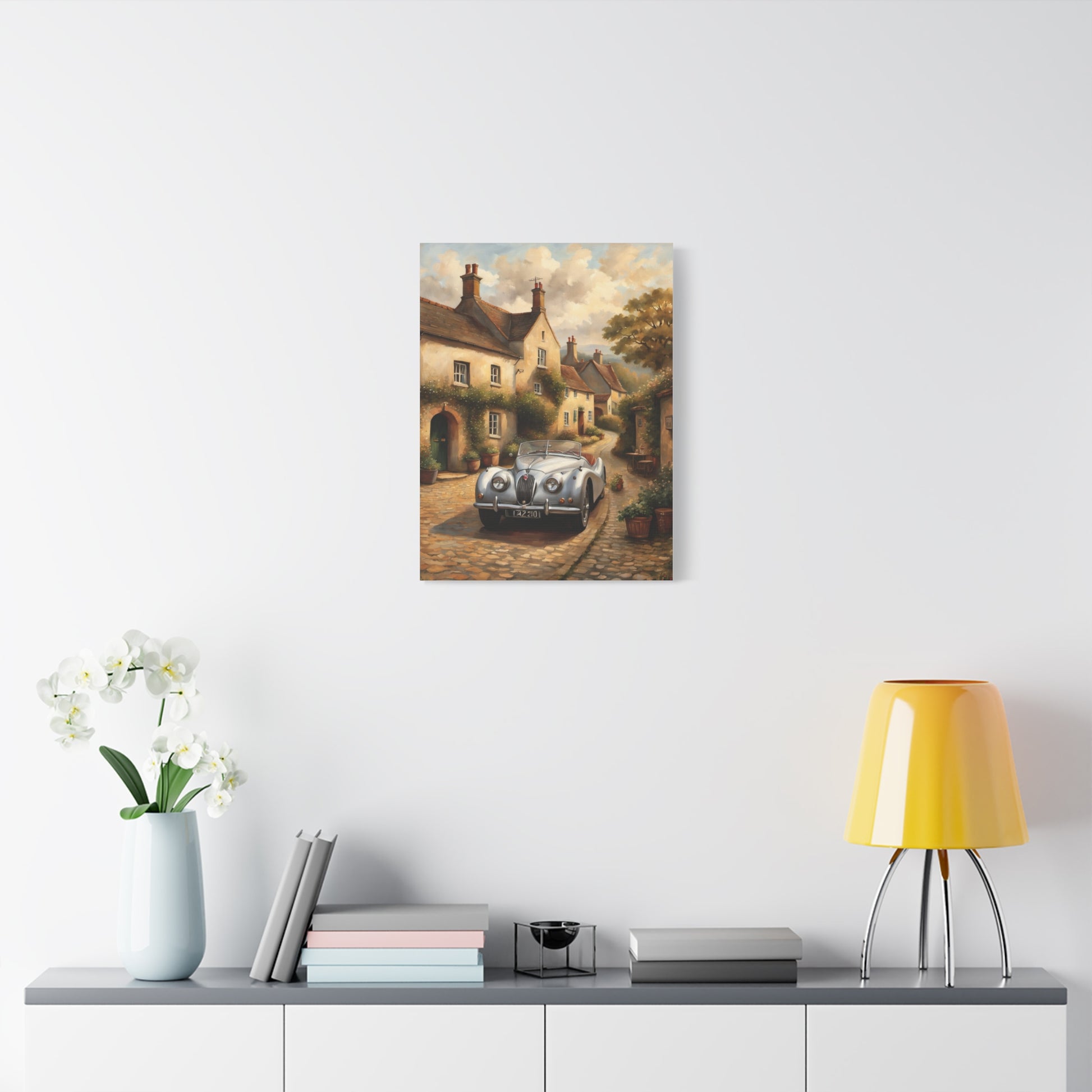 Vintage Car Canvas Art featuring a classic car on a quaint village street