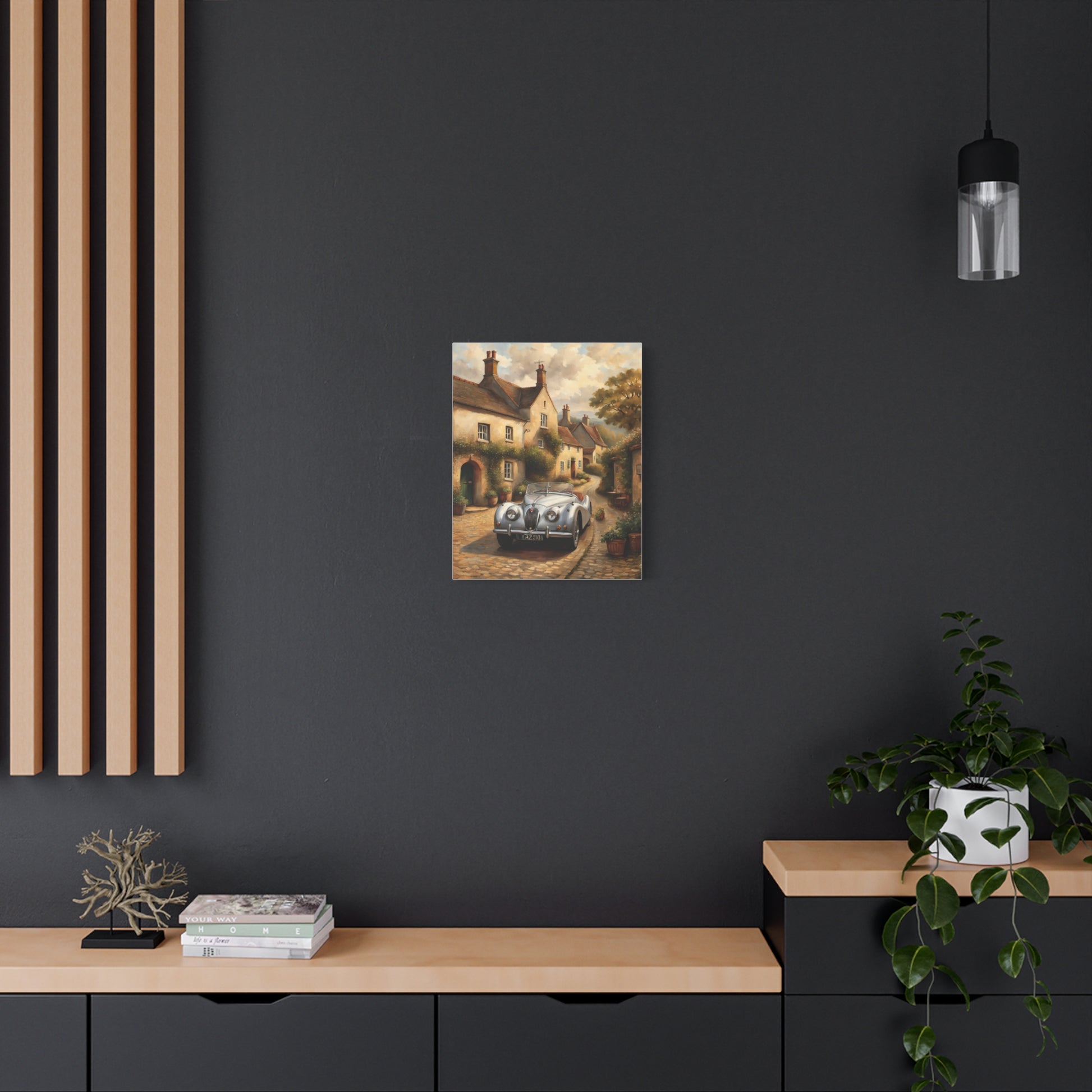 Vintage Car Canvas Art displayed on a dark wall above wooden shelves with plants and decor
