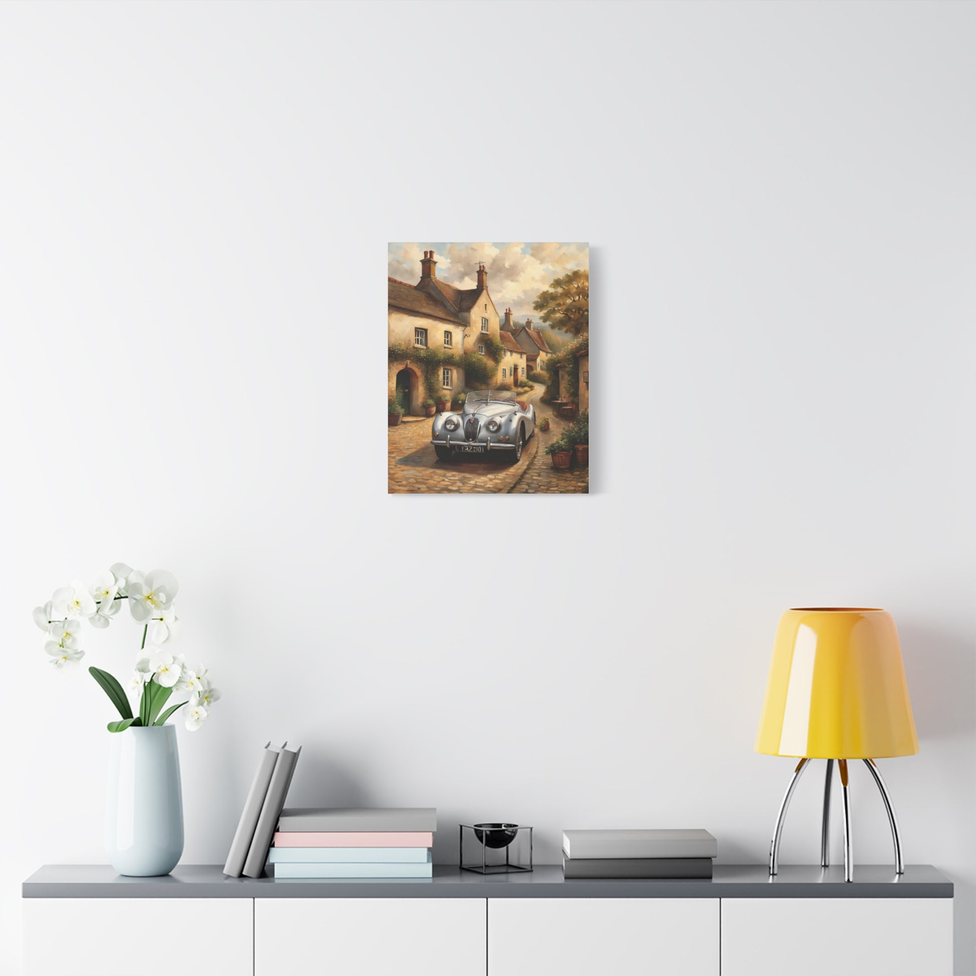 Vintage Car Canvas Art featuring a classic car parked in a charming street scene