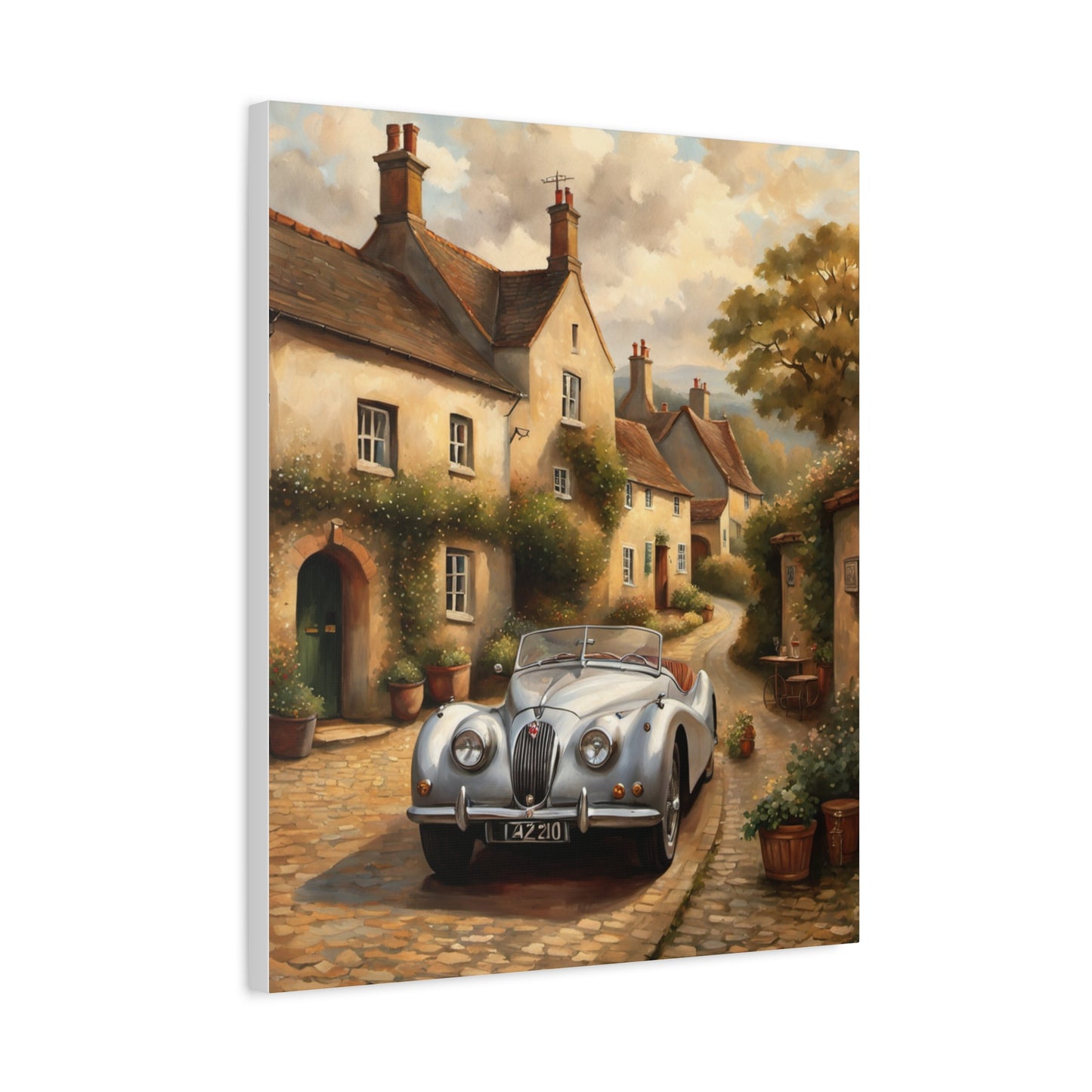 Vintage Car Canvas Art featuring a classic car on a charming village street with scenic cottages