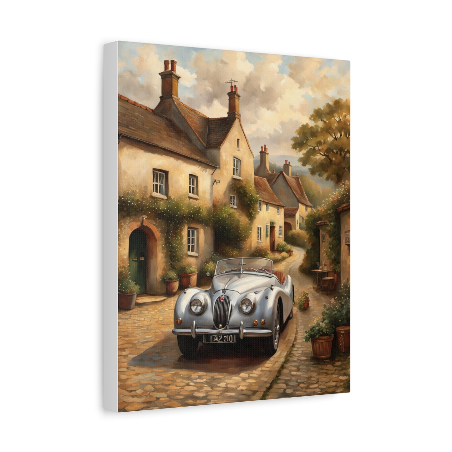 Vintage Car Canvas Art featuring a retro car in a scenic village setting