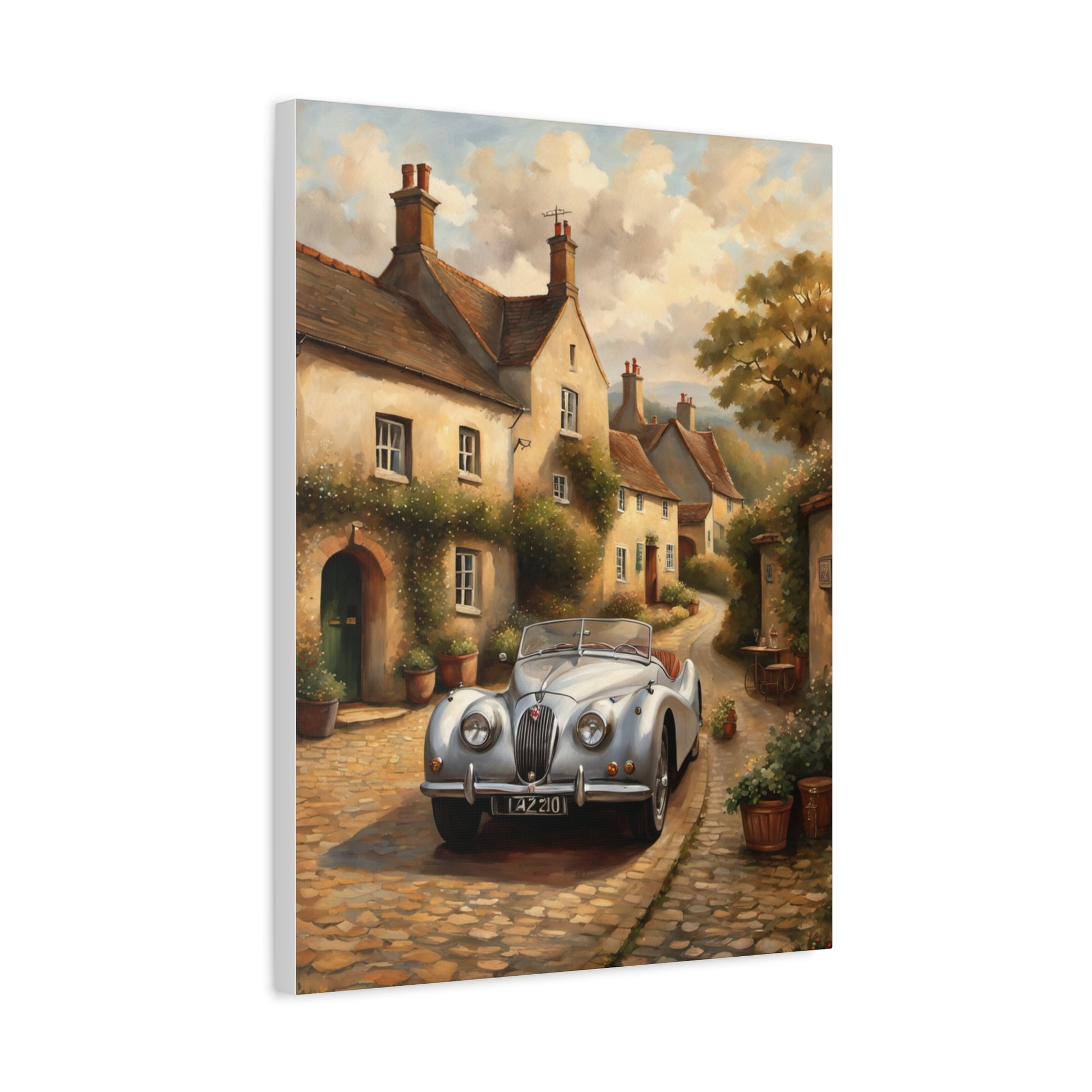 Vintage Car Canvas Art featuring a classic car in a rural village setting