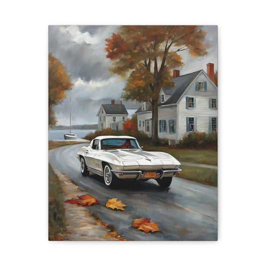 Vintage Car Canvas Art featuring a classic car driving down a scenic road with autumn leaves