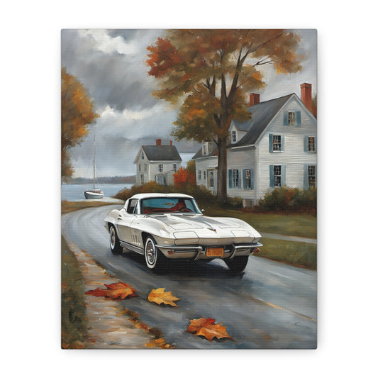 Vintage Car Canvas Art featuring a classic white car driving down a scenic autumn road
