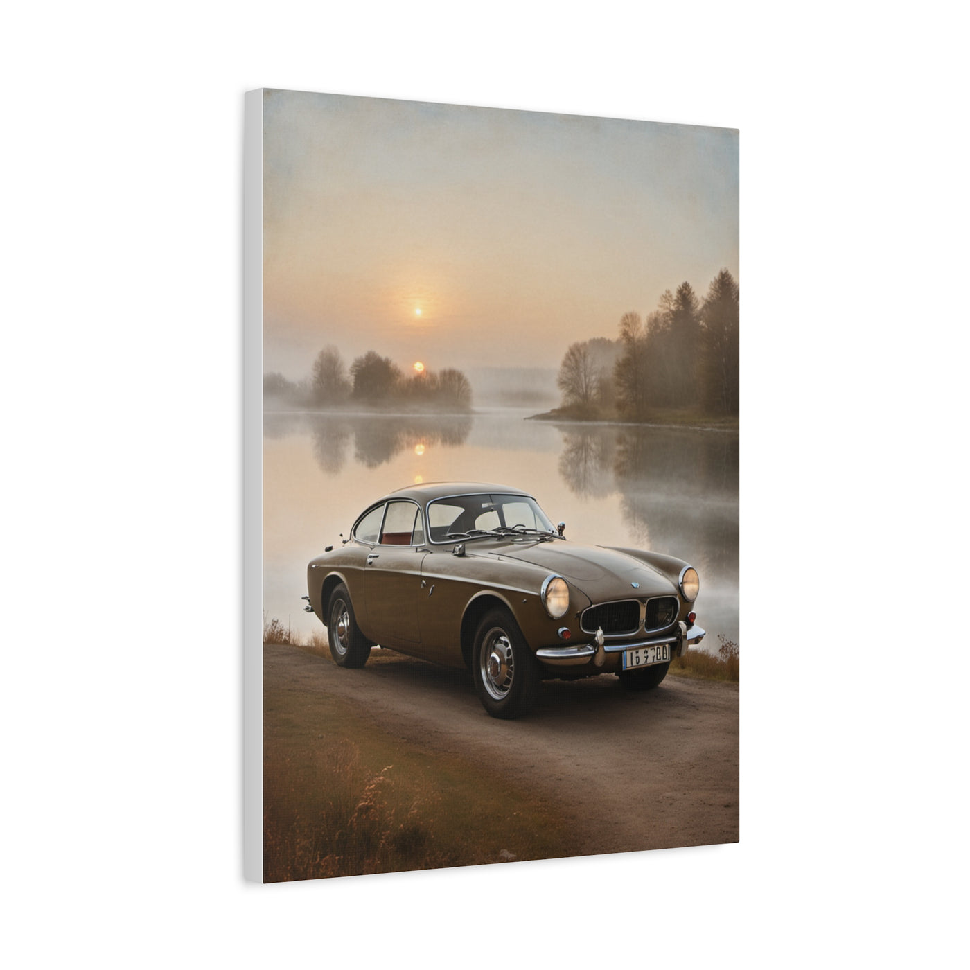 Vintage Car Canvas featuring a retro car by a serene lake at sunrise