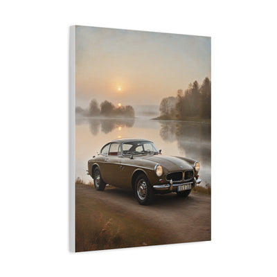 Vintage Car Canvas featuring a retro car by a serene lake at sunrise