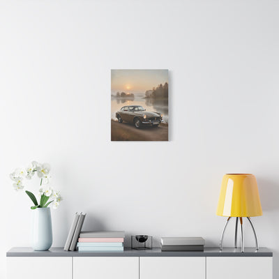 Vintage Car Canvas featuring a classic car by the serene lakeside at sunrise