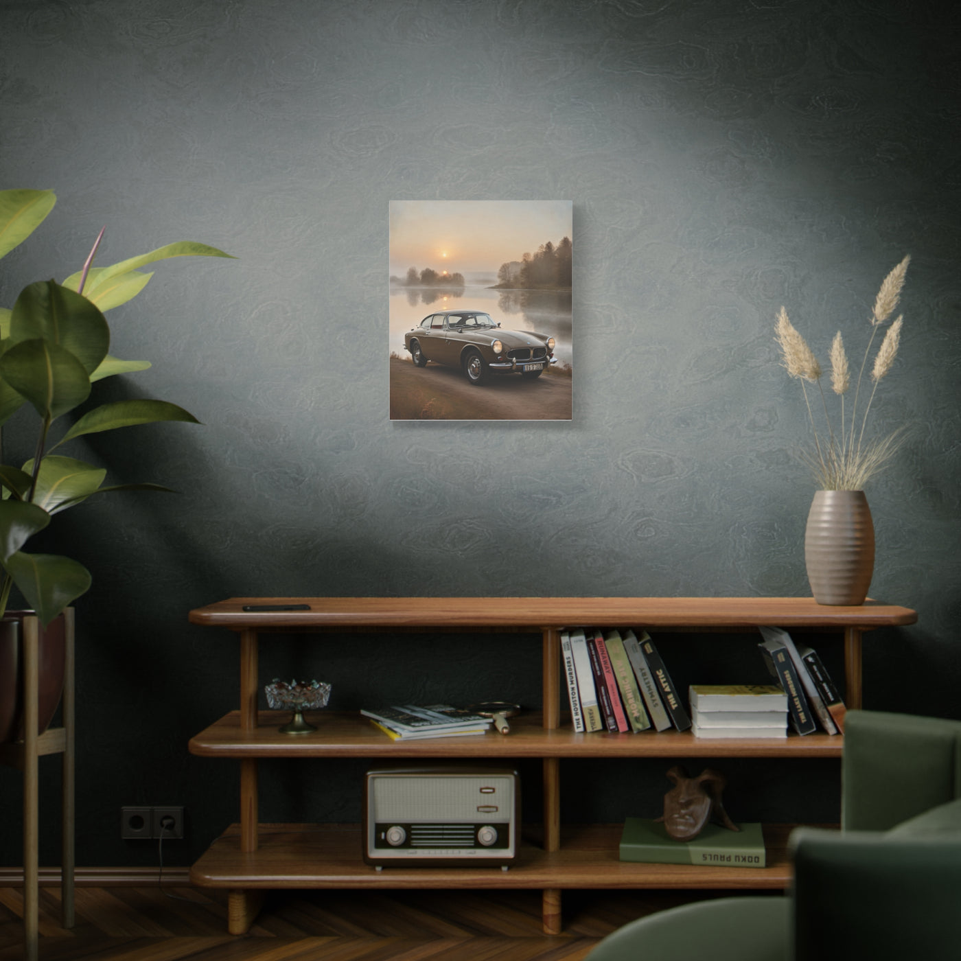 Vintage Car Canvas artwork in a stylish room setting with plants and warm lighting