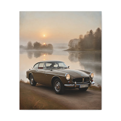 Vintage Car Canvas featuring a old car by a serene lake at sunrise
