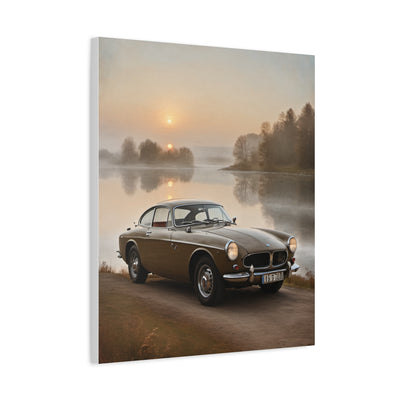 Vintage Car Canvas featuring a classic car by a serene lakeside at sunrise