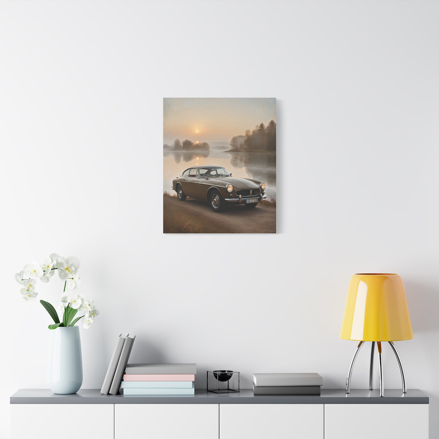 Vintage Car Canvas featuring a classic car by a serene lake at sunrise