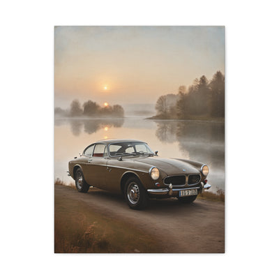 Vintage Car Canvas featuring a classic car by a serene lake at sunrise for retro decor