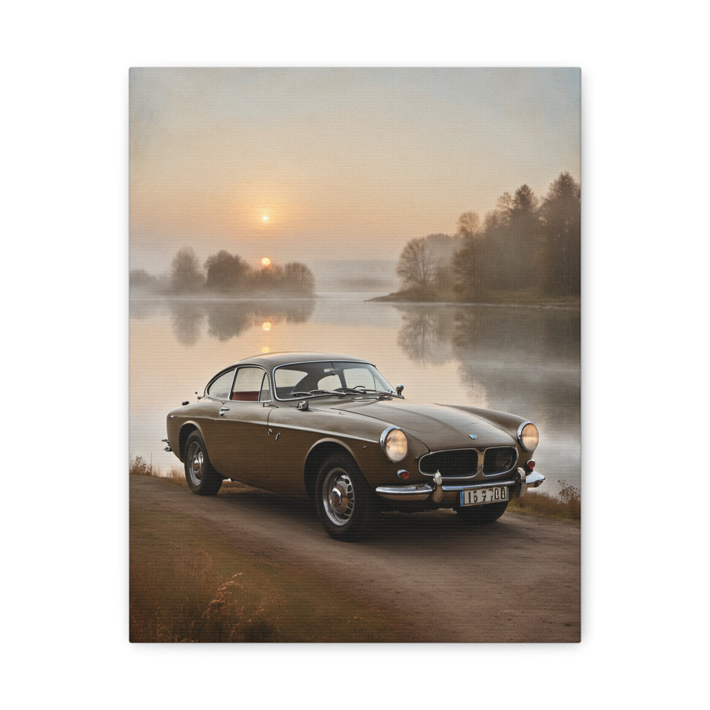 Vintage Car Canvas featuring a nostalgic car by a serene lake at sunrise