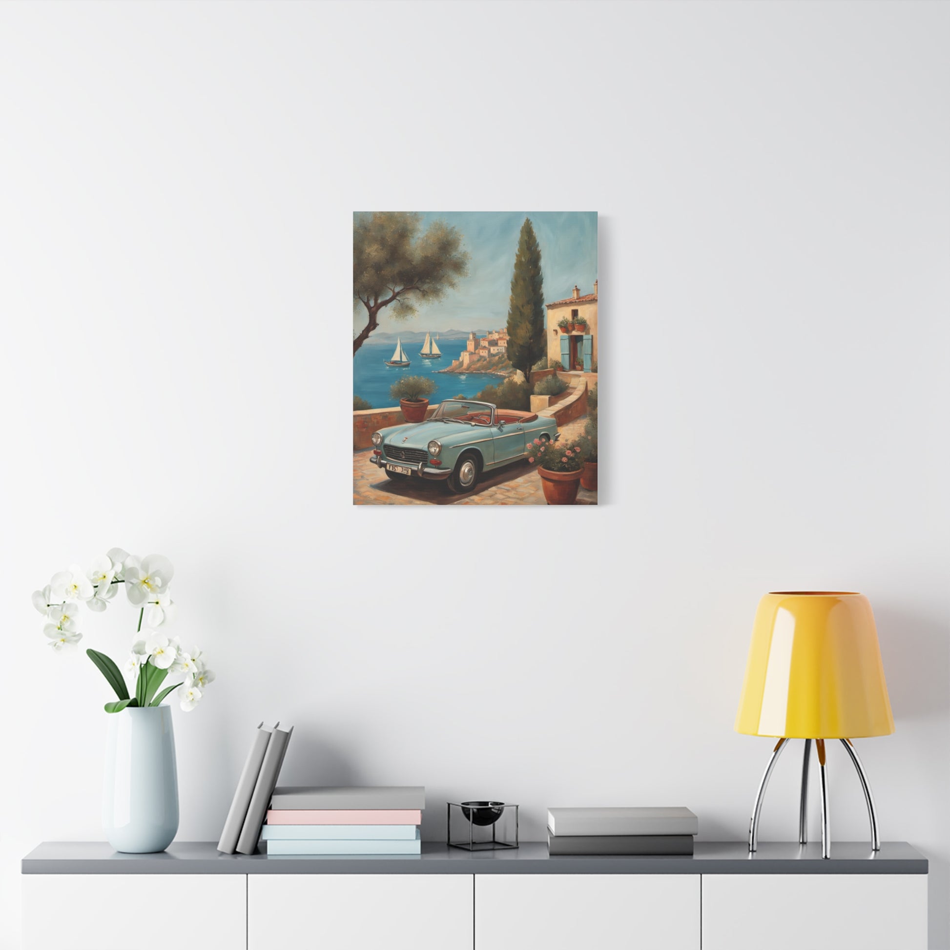 Vintage Car Canvas Print featuring a scenic coastal view with a classic car parked in front