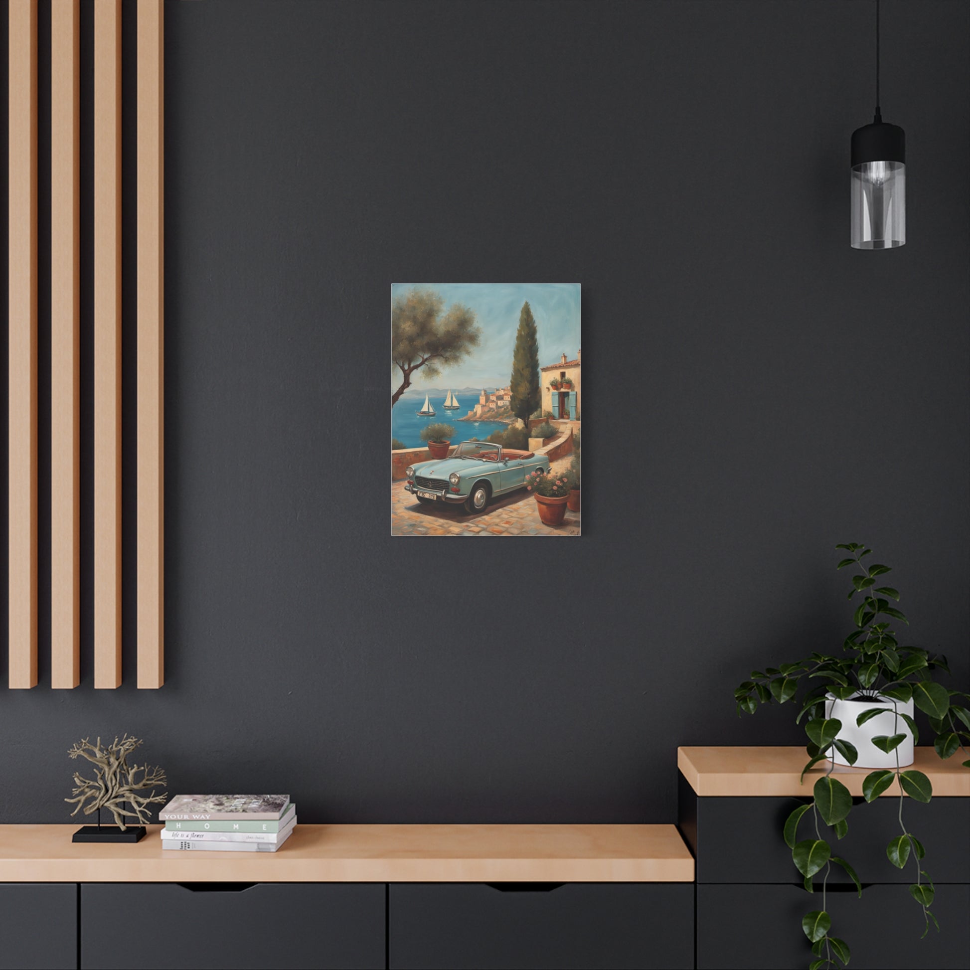 Vintage Car Canvas Print showcasing a classic car near a scenic coastal scene