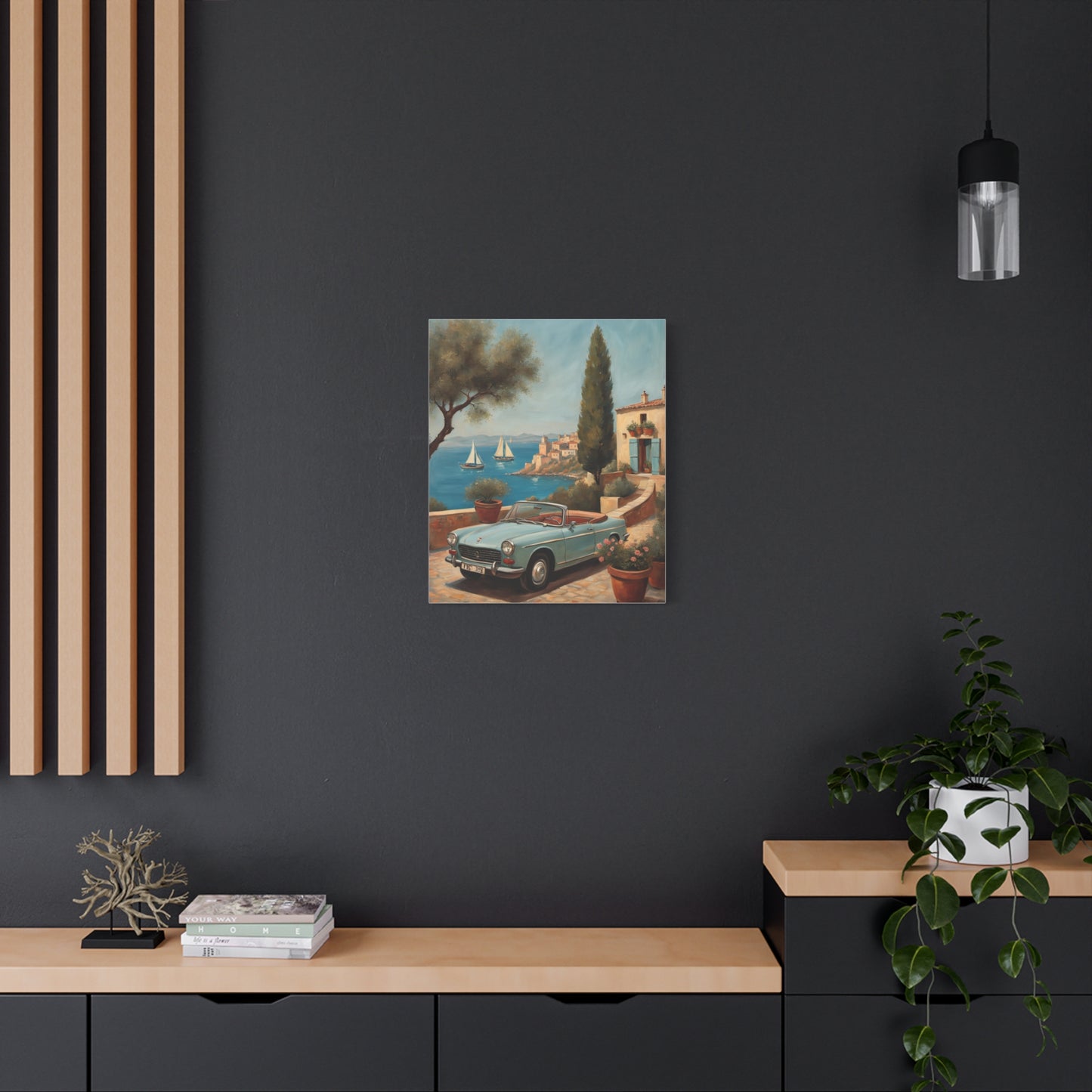 Vintage Car Canvas Print depicting a classic car beside a seaside with boats and palm trees