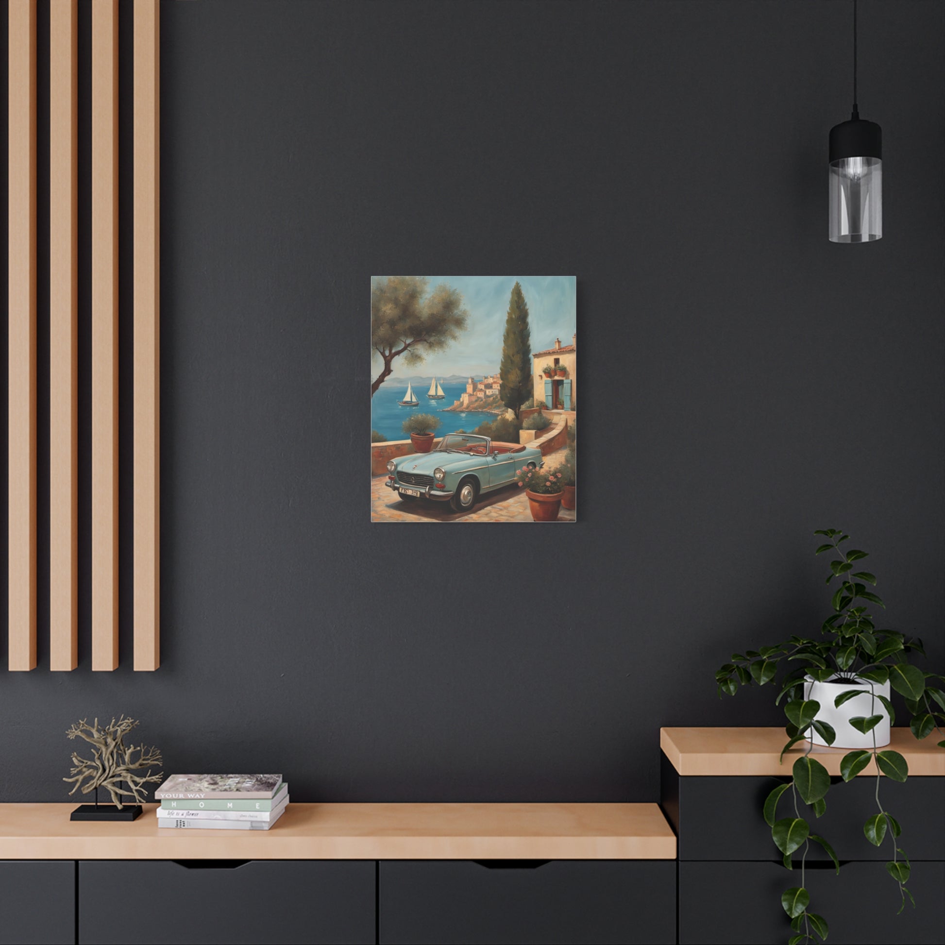 Vintage Car Canvas Print depicting a classic car beside a seaside with boats and palm trees