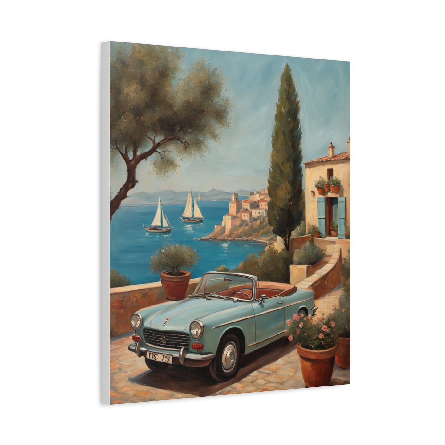 Vintage Car Canvas Print featuring a classic blue convertible near a coastal view with sailboats