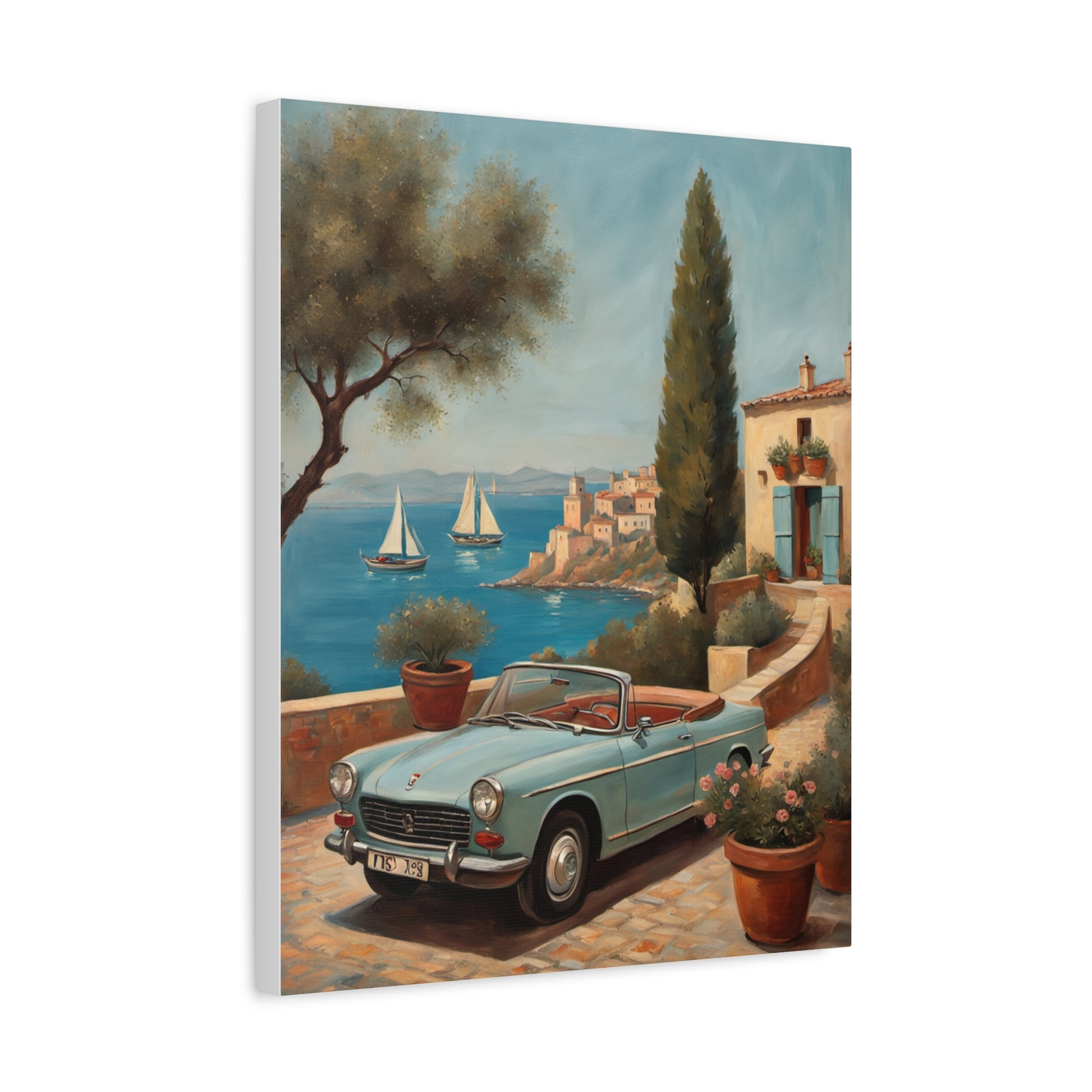 Vintage Car Canvas Print featuring a classic blue convertible by the seaside with sailboats and buildings in the background
