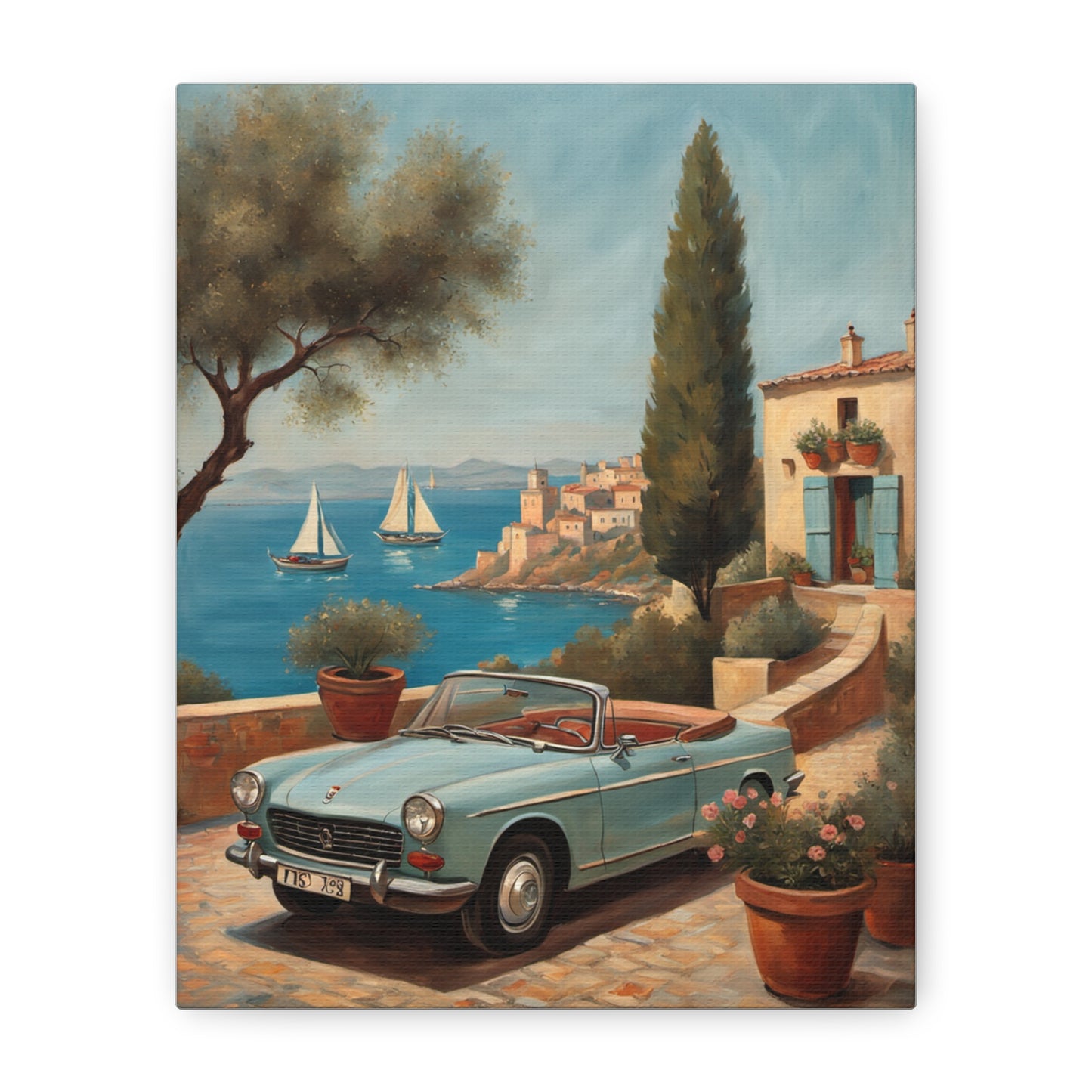 Vintage Car Canvas Print featuring a classic convertible by the seaside with boats in the background