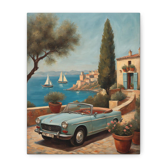 Vintage Car Canvas Print featuring a classic convertible by the seaside with boats in the background