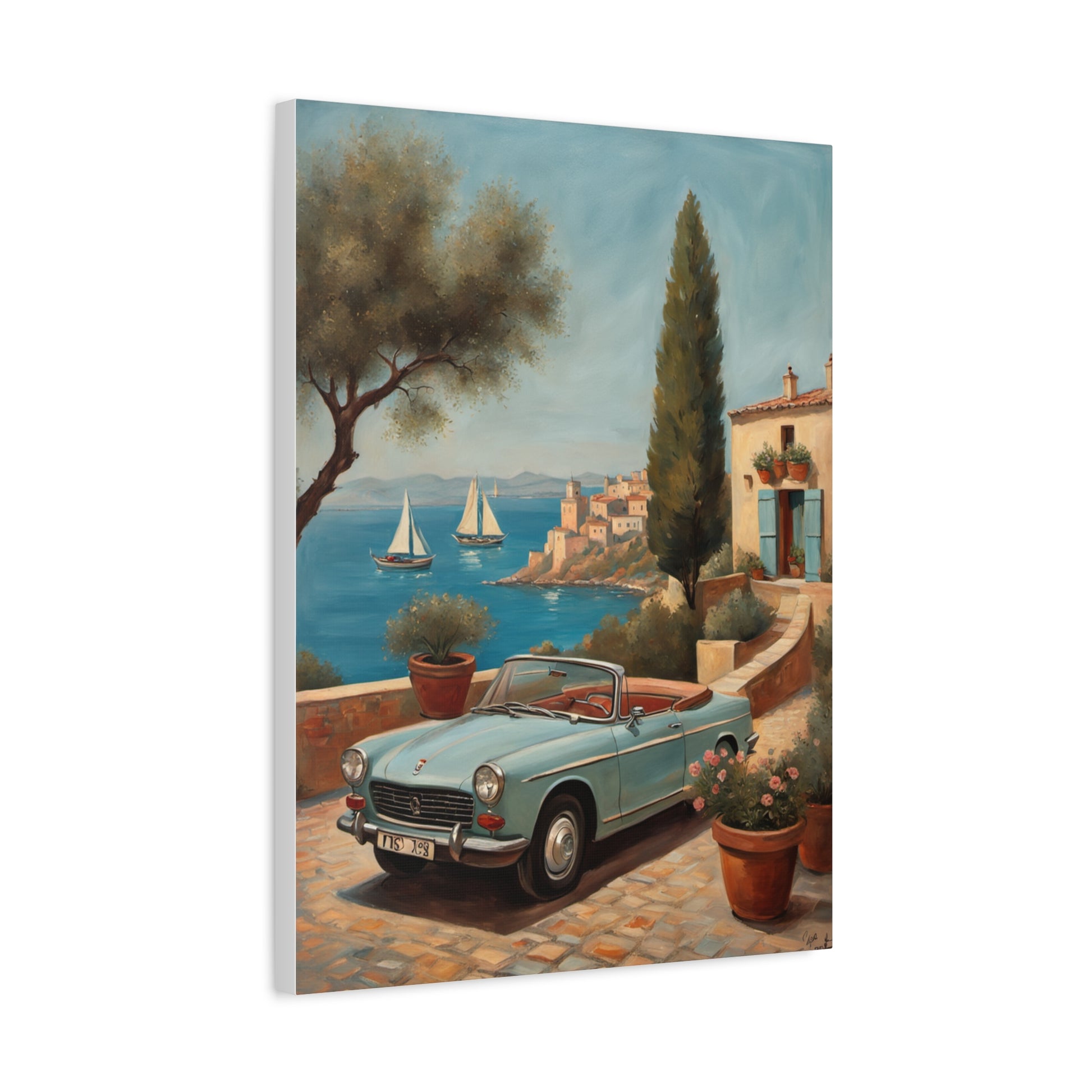 Vintage Car Canvas Print featuring a classic car by the seaside with palm trees and sailboats