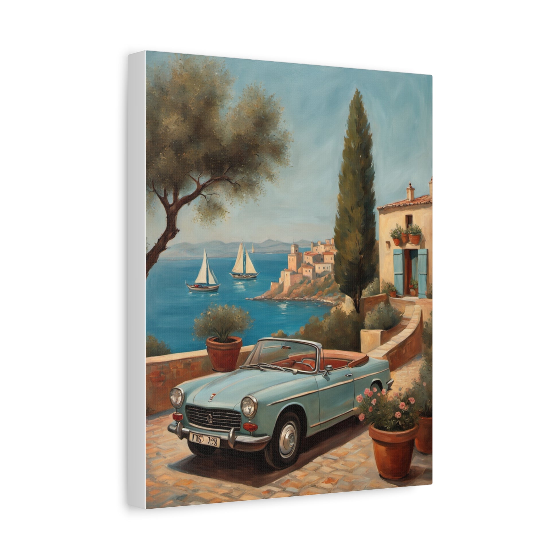 Vintage Car Canvas Print featuring a blue convertible near a scenic coastal view with sailboats