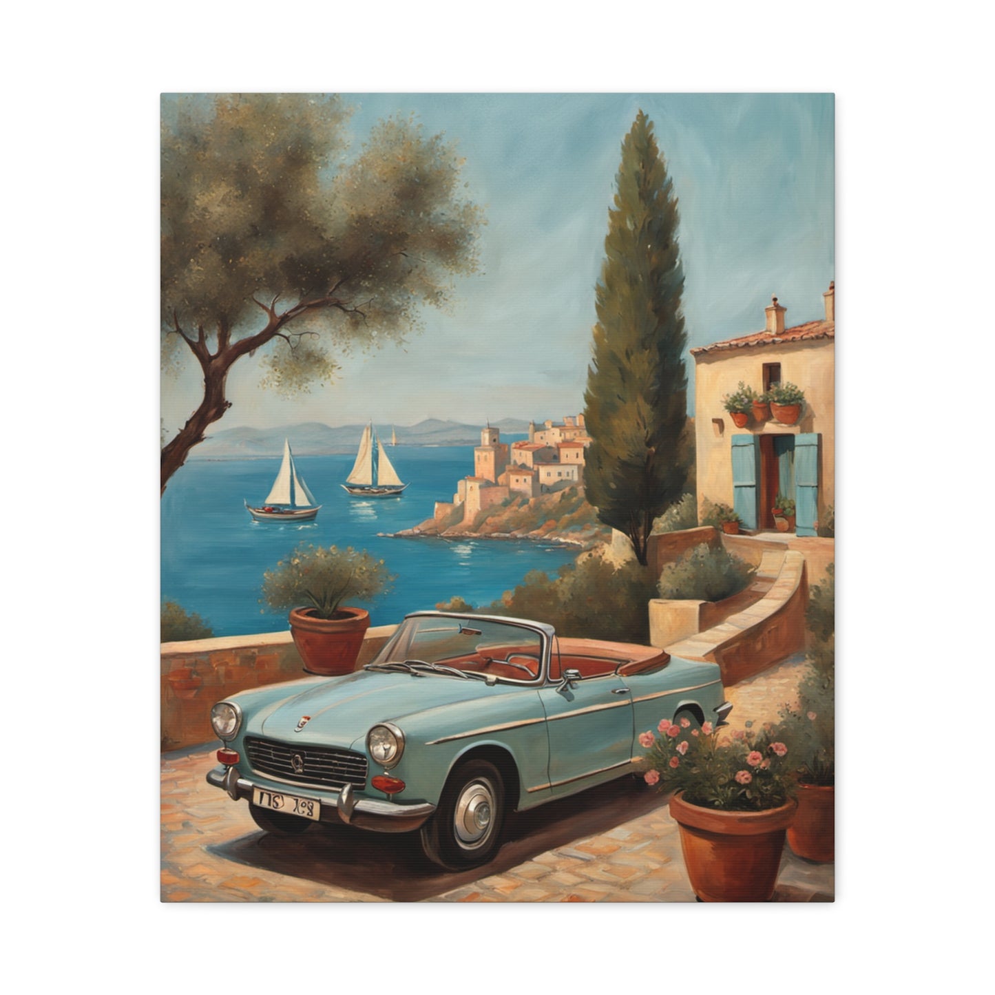 Vintage Car Canvas Print featuring a classic convertible near the coast with sailboats in the background