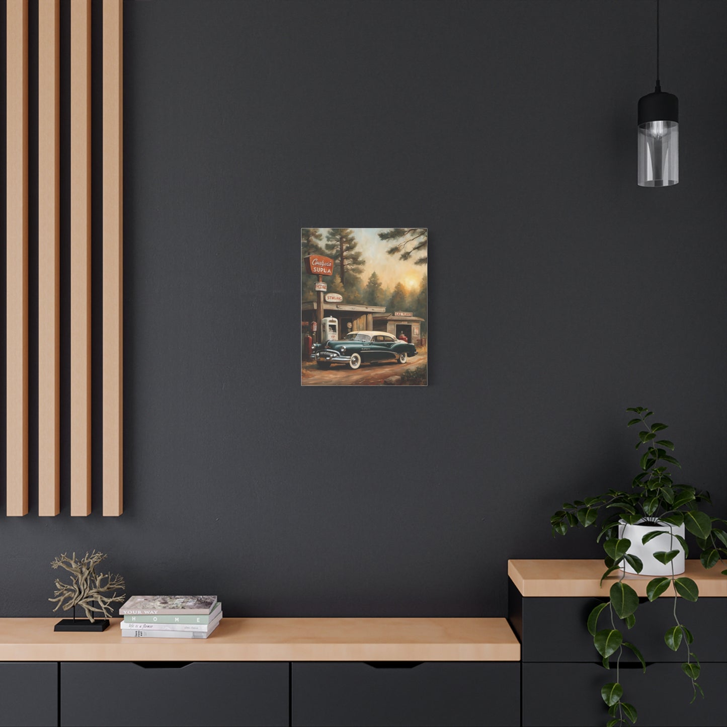 Vintage Car Canvas Print featuring a classic car at a vintage gas station in a cozy setting