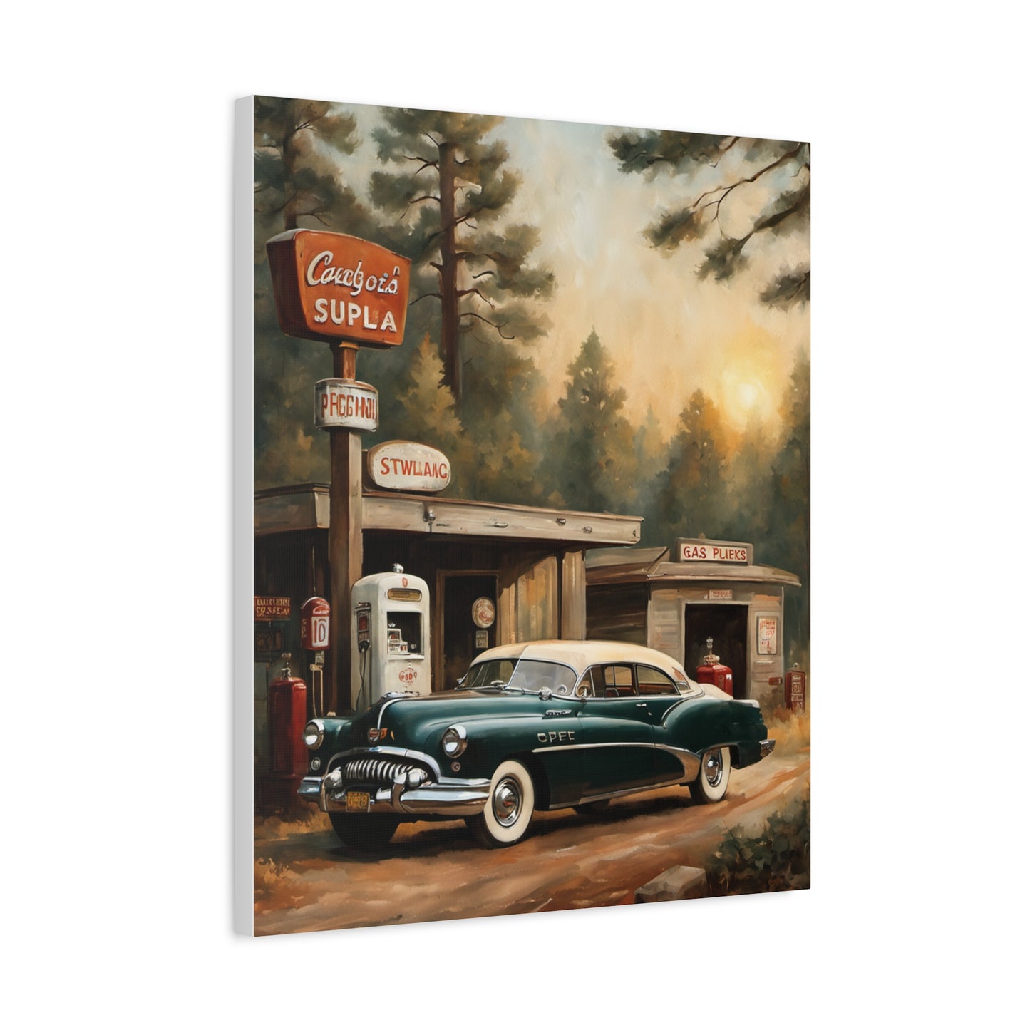 Vintage Car Canvas Print depicting a classic car at a vintage gas station surrounded by trees