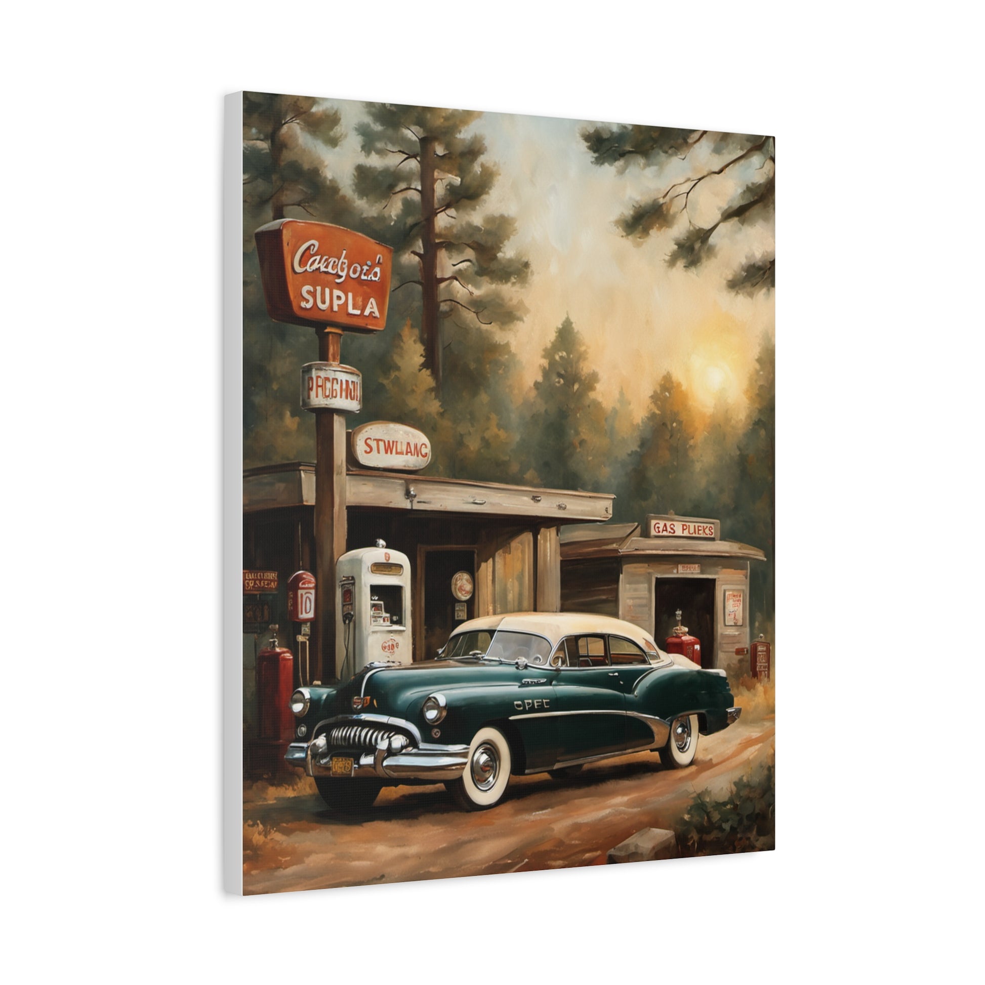 Vintage Car Canvas Print depicting a classic car at a vintage gas station surrounded by trees