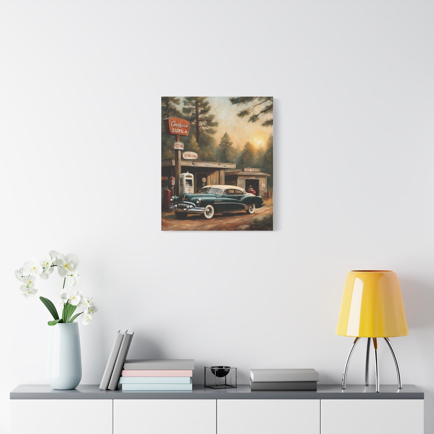 Vintage Car Canvas Print featuring a classic car at a retro gas station in a scenic landscape