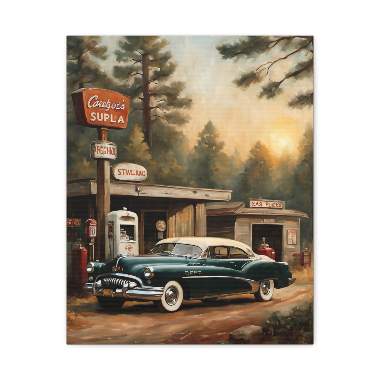 Vintage Car Canvas Print featuring a classic car at a vintage gas station in a forest setting