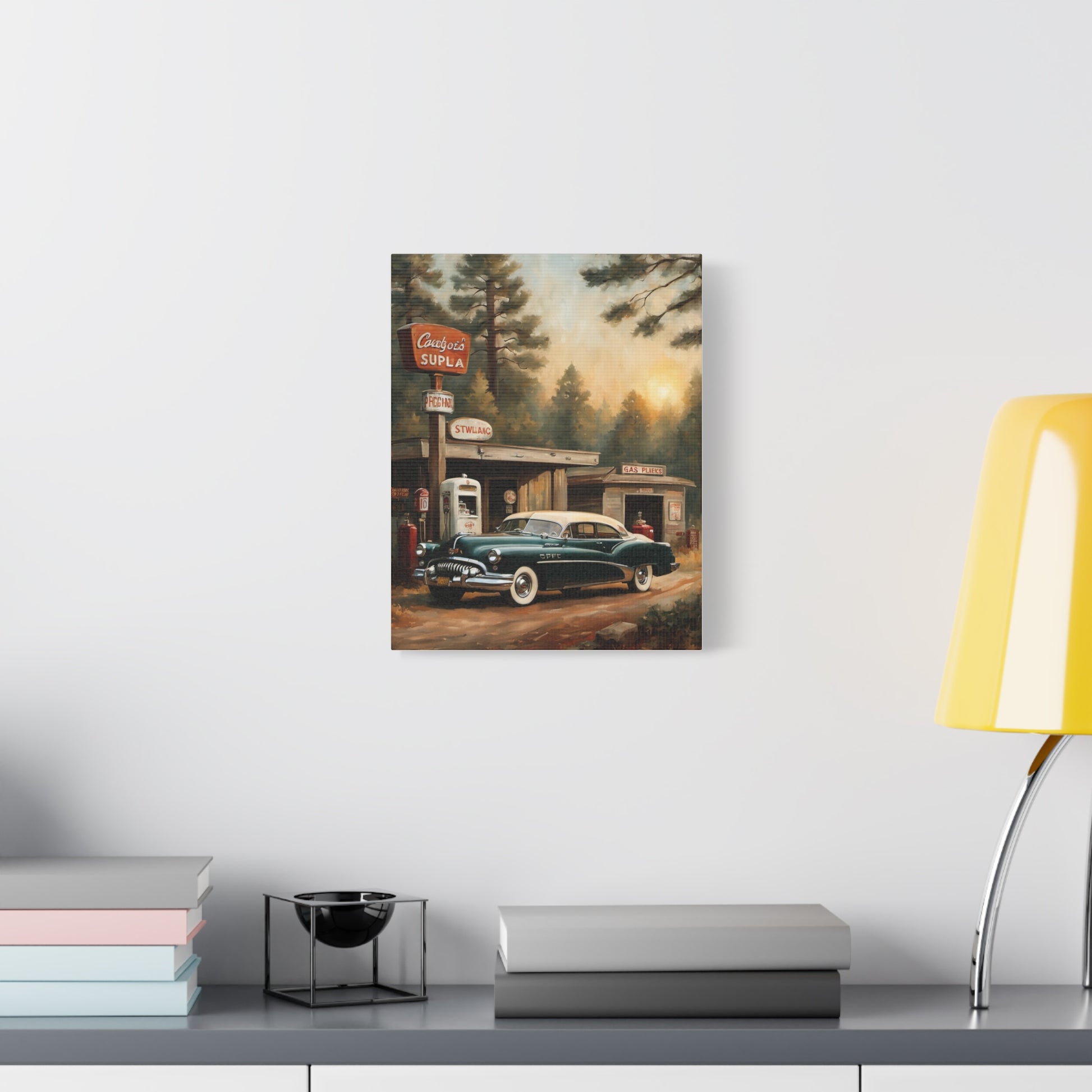 Vintage Car Canvas Print featuring a classic car at a retro gas station surrounded by trees